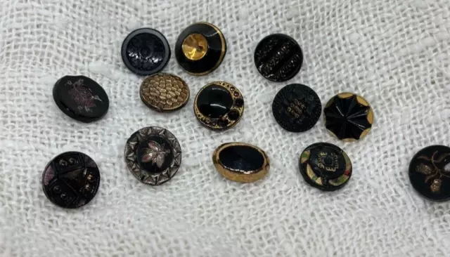 13 Antique Black Glass Buttons, Gold Lusters, Painted, Leaves, Flowers, Inlaid