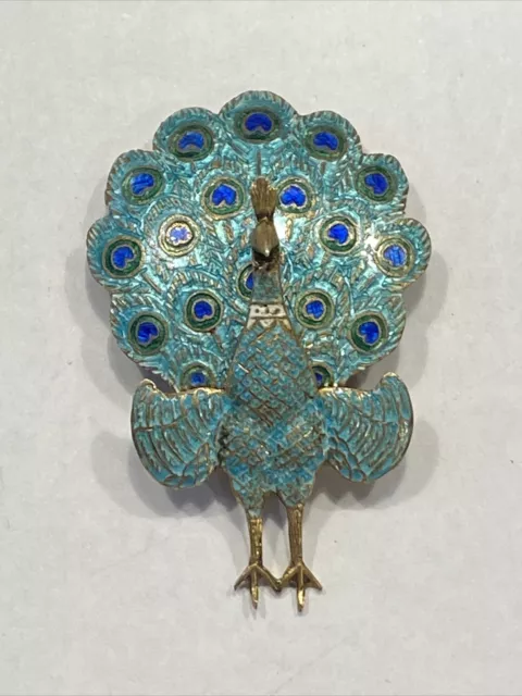 Vintage Sterling Siam Hinge Teal Royal Blue Enamel Peacock Figural Pin Brooch