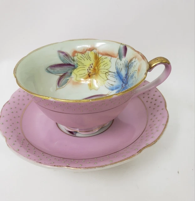 VINTAGE MERIT HAND Painted Occupied Japan Tea Cup and Saucer Pink Dots