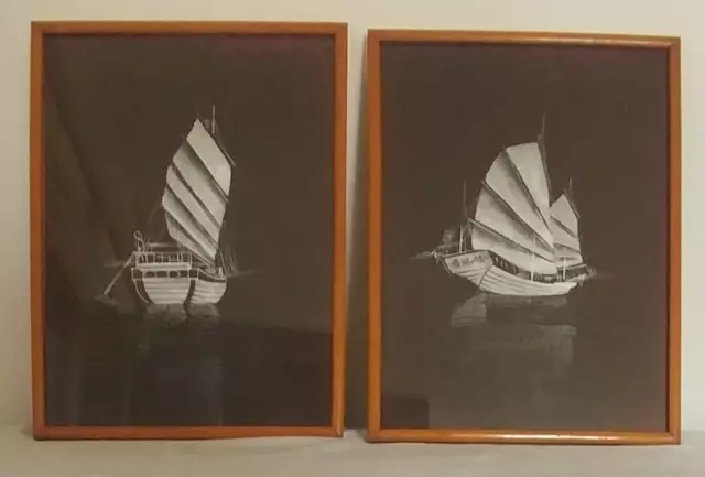 Vintage Pair of Hand Painted Framed Pictures on Silk of Chinese Junk Boats