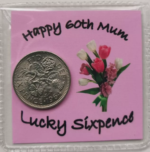 60th Mum Birthday Lucky Sixpence Gift* 1964 coin for 2024* *Pink Flowers Design*