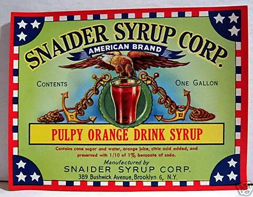 Snaider Pulpy Orange Syrup Soda Label Brooklyn NY