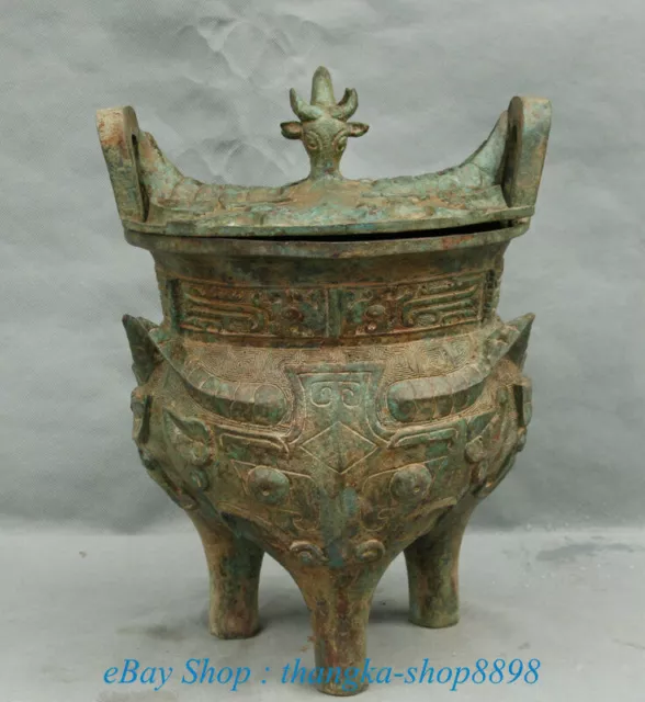 12" Old Chinese Bronze Ware Dynasty Bull Beast Face Ding Incense Burner Censer