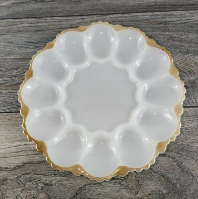 Anchor Hocking Milk Glass Gold Trim Deviled Egg Plate - 12 Eggs - 10"