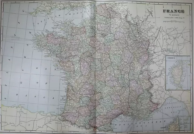 Old (14x22) 1904 Cram's Atlas Map ~ FRANCE ~ Free S&H ~Inv#308