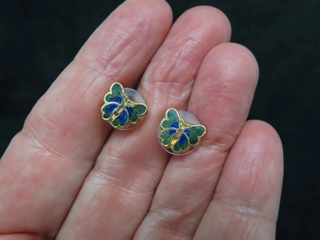 Vintage 1980's Cloisonne Gold Tone Butterfly Pierced Earrings