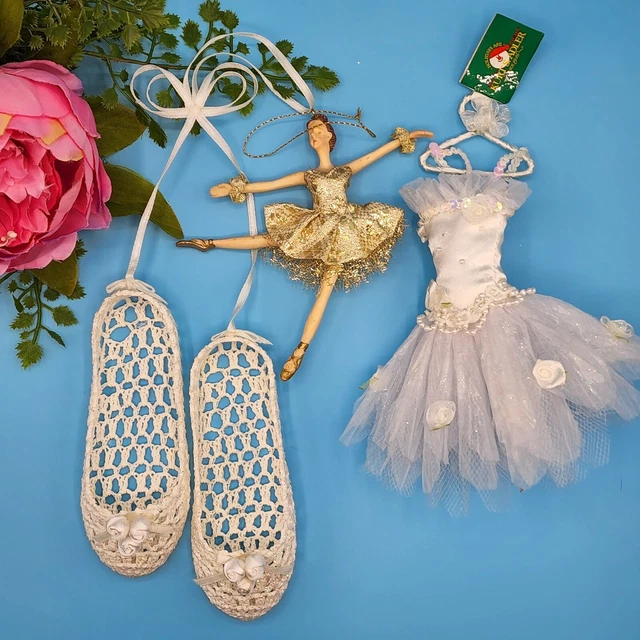 Victorian Ballerina Ornaments Set Of 3 Cmas Tutu Dress on Hanger Ballet Shoes