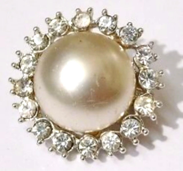 Broche Vintage Ronde En Perle Nacrée Et Cristaux - Style Solitaire Diamant - Année 1946 - Parfait état