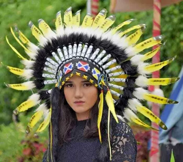 civil war bonnet, Indian Headdress Warbonnet Hat Feather Yellow Handmade