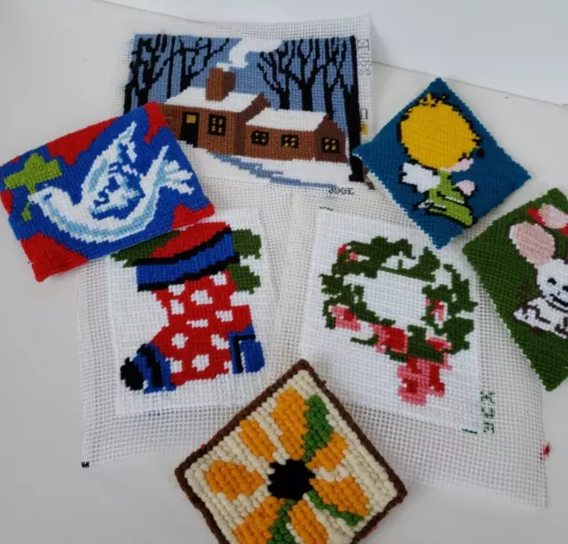Lote de 7 adornos de bordado de lona de plástico navideño vintage vacaciones