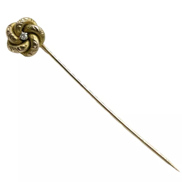 ANTIQUE VICTORIAN 10k GOLD DIAMOND LOVE KNOT STICKPIN LAPEL PIN LOVERS KNOT