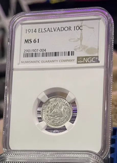 1914 El Salvador Silver 10 Centavos Certified  NGC- MS 61