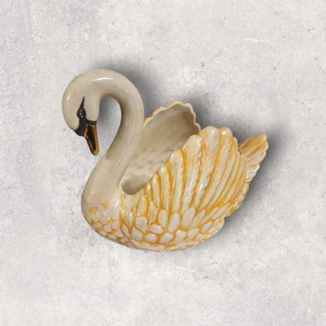 Vintage Holland Mold Crown-Art Ceramic Swan Planter MCM Pearl White Gold