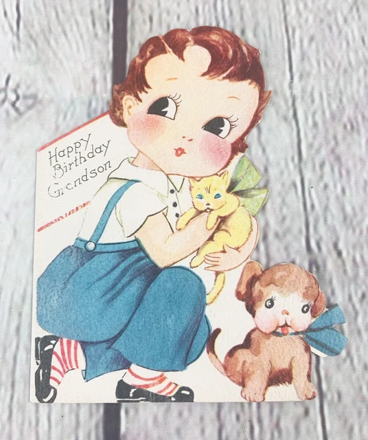 ANTIQUE &HAPPY BIRTHDAY Grandson" Boy Cat Dog Die Cut Greeting Card