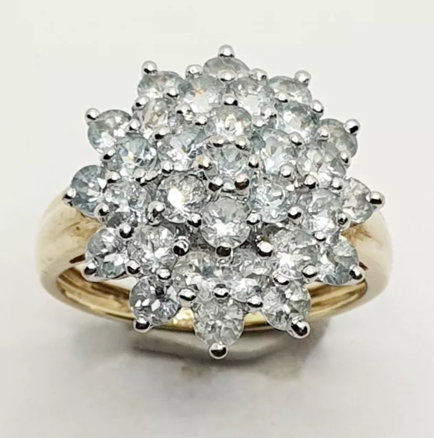 Big 9ct Yellow Gold Sky Blue Topaz Flower Cluster Ring Size O QVC