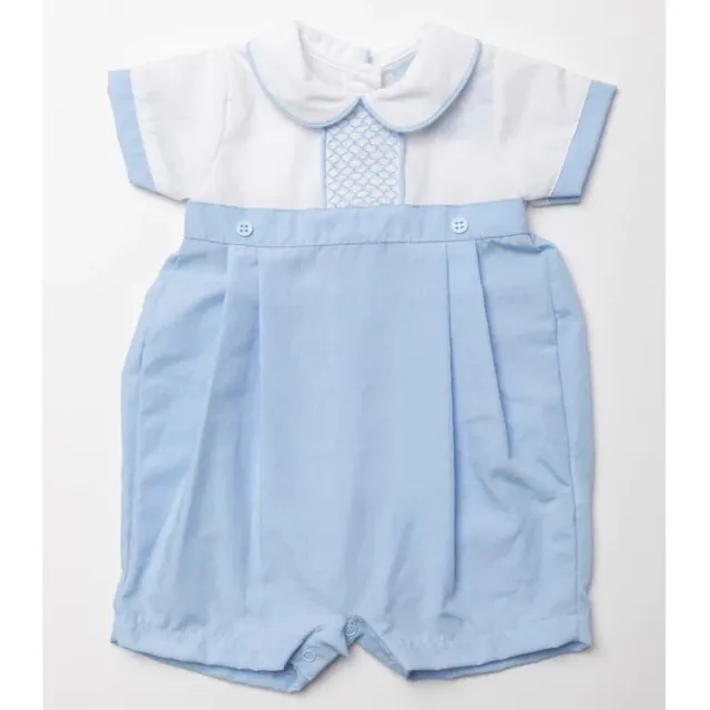 Baby Boys Romper Outfit Smocking Spanish Romany Design Blue White Stripe 0-9 Ms