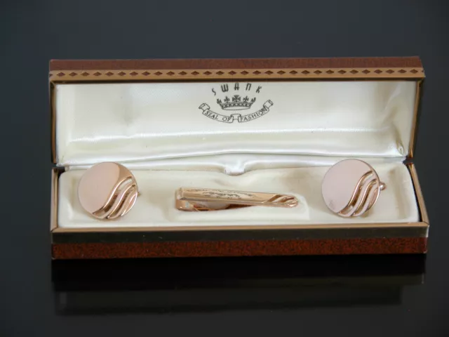 Vtg Modern Swank 70s Gold Tone Circle Cuff Links + Tie Clip in Box
