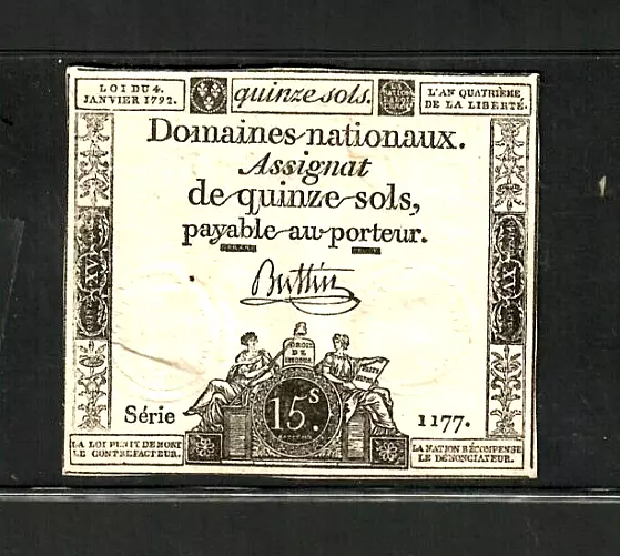 15 "Assignat De Quinze Livres" 15 "Domaines Nationaux" (1764) Rare Note!