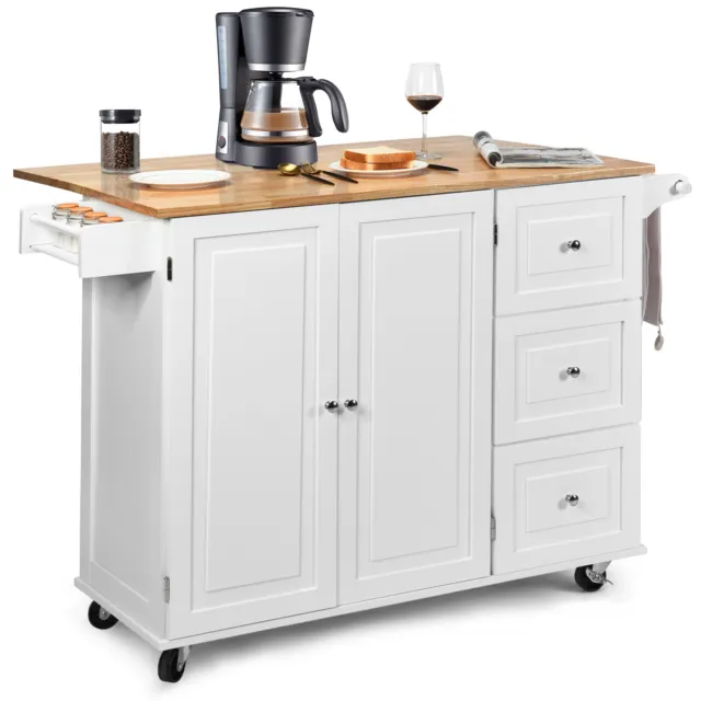 Rolling Kitchen Island Cart Mobile Kitchen Cart w/ Rubber Wood Drop Leaf Drawers