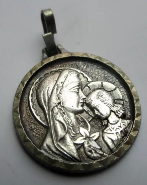 Ancien pendentif médaille en argent massif Notre Dame vierge à l'enfant bijou 62