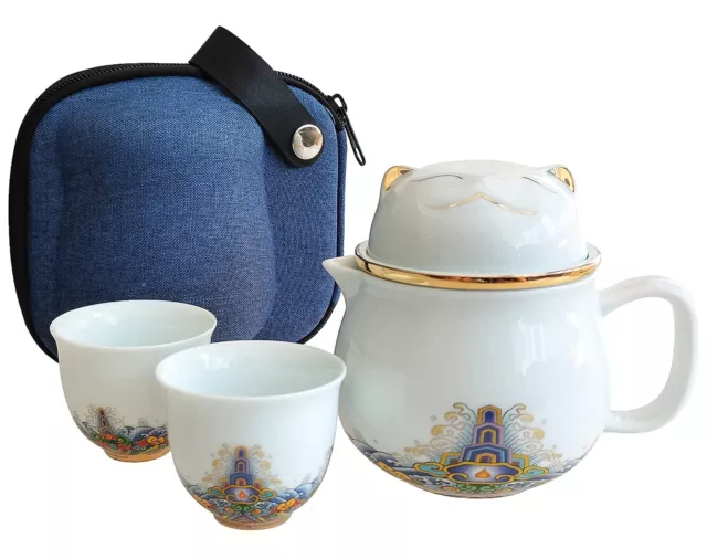 Portable Ceramic Tea Cup Set: Lucky Cat Porcelain Teapot Set with Handle - Te...