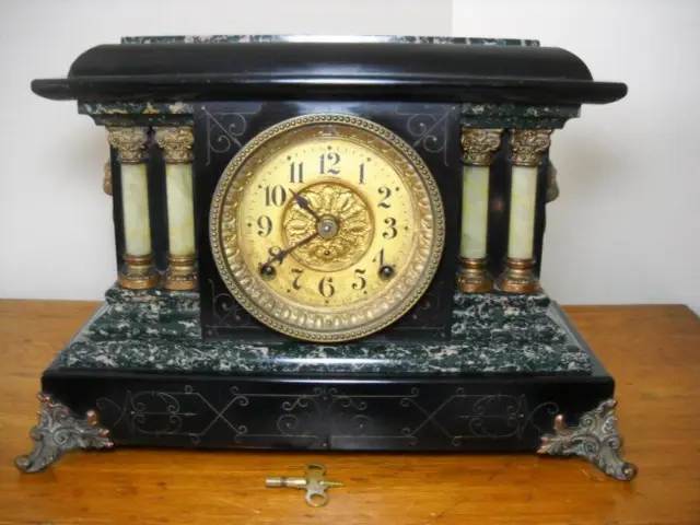 Nice Seth Thomas 8-Day Time & Strike Green Adamantine Mantle Clock Working Well