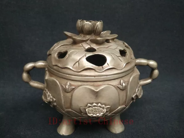 6 in  Old Chinese marked Xuande Tibet Silver Carving Lotus Incense Burner censer