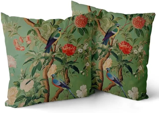 Green Chinoiserie Pillow Cover 16X16 Inch Vintage Bird Flower Throw Pillow Cover