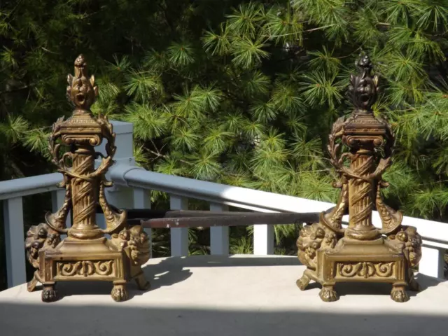 Pair Brass Andirons Flame Column Chenets Fire Dogs