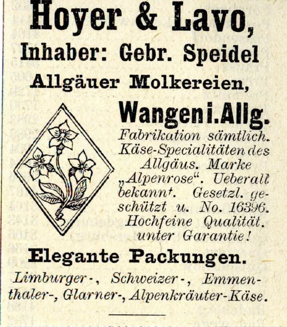 Trademark Hoyer& Lavo Wangen ALLGÄUER MOLKEREIEN Historische Reklame von 1908