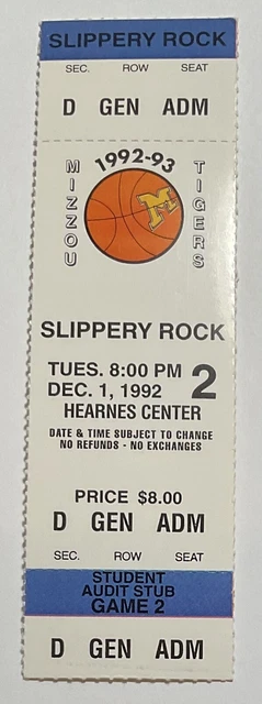1992 12/01 Slippery Rock at Missouri Tigers Basketball Full Ticket
