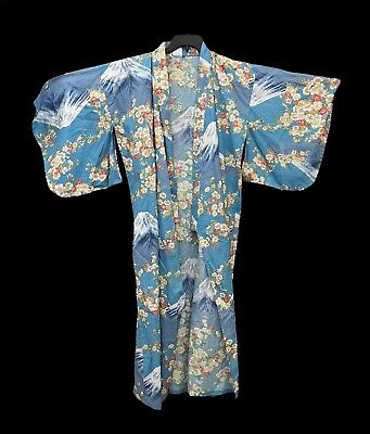 Japanese Kimono Robe Women 55” Cotton Mount Fugi Floral Blue Gold Made in Japan