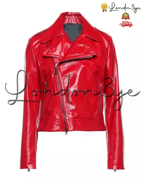 Women Vinyl Biker Jacket Womens Red Faux Patent Leather Motorcycle Jacket