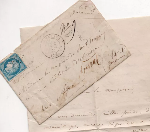 Noblesse.Lettre autographe à la Marquise de Saint Exupery, Chateau d'Arasse 1873