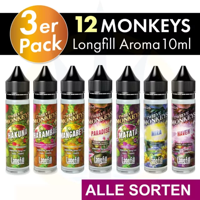 3x Twelve 12 Monkeys Longfill Aroma ⭐ 10ml in 60ml E-Liquid Flasche ⭐ Base/Shots