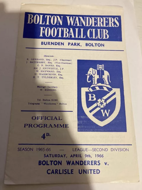 BOLTON WANDERERS v CARLISLE UNITED  DIVISION TWO  1965 - 66