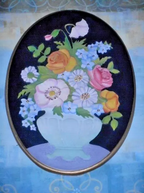 antique Floral cottage oval chalkware wall decor hand painted