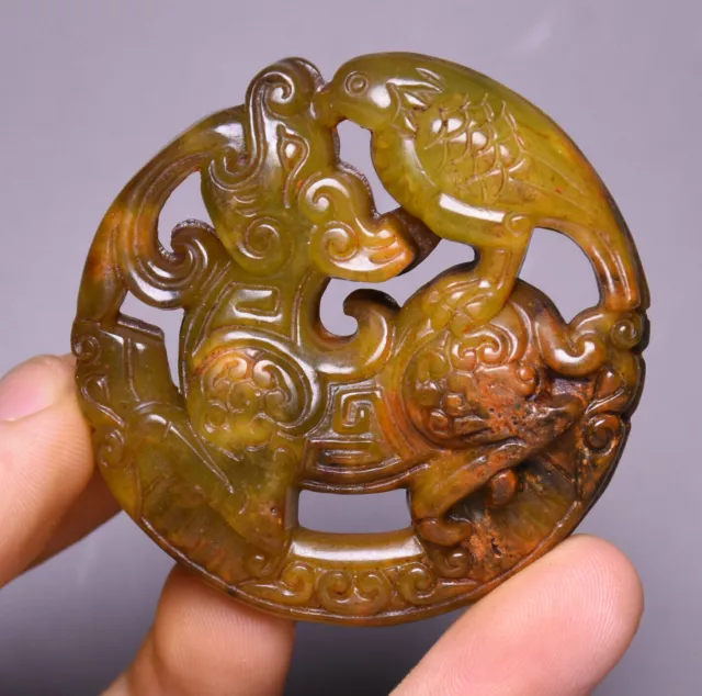 5CM Chine Hongshan Culture Hetian Jade Dragon Bête Oiseau Amulette Pendentif