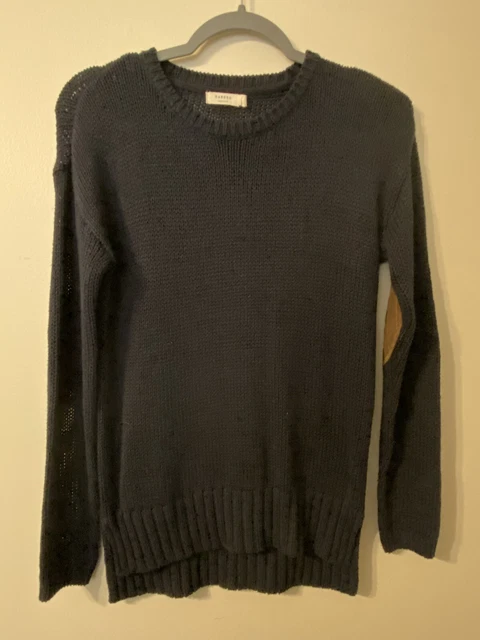 Harper Heritage Sweater Womens Size Small Navy Blue Open Knit Elbow Patch