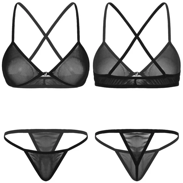 WOMEN SHEER MESH See Through Bikini Lingerie Set Bra Top with GString