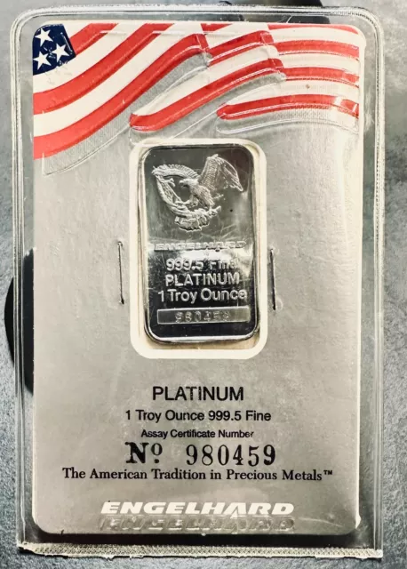 RARE VINTAGE ENGELHARD 1 oz .9995 FINE PLATINUM BAR EAGLE DESIGN FLAG ASSAY CARD