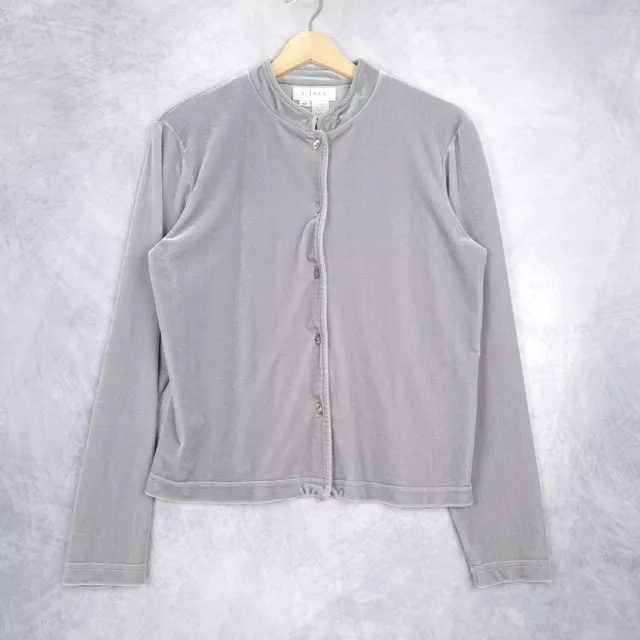 J Jill Velvet Top Womens Medium Gray Long Sleeve Button Up Banded Collar Boxy