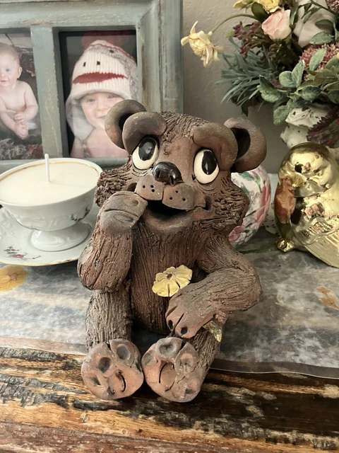 Vintage Artist Hidnt clay pottery bear with flower Sculpture figurine MCM decor Vintage Artist Hidnt clay pottery bear with flower Sculpture figurine MCM decor