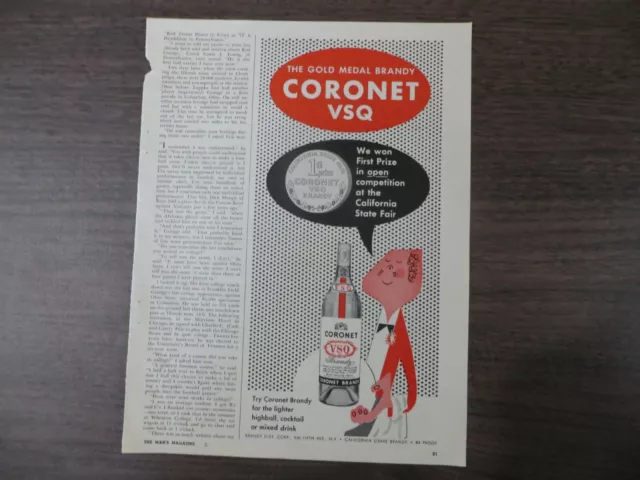 The Gold Medal Brandy Coronet VSQ Magazine AD 1958 Vintage