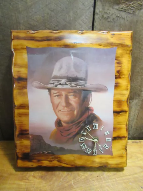 Vintage John Wayne Wooden Plaque Wall Clock Western Cowboy Portrait Art