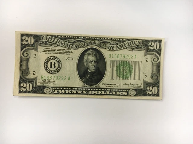 1934 $20.00 Frn Federal Reserve Note ((Light Green Ink)) New York Vf Raw Bin Fr