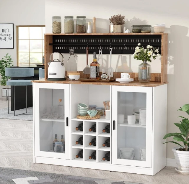 Coffee Bar Cabinet Microwave Storage Stand w/Wine Rack Kitchen Bakers Racks Set