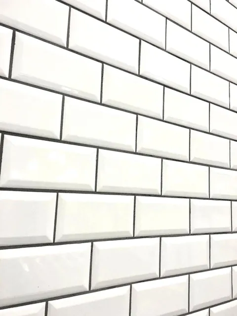 White 3x6 Beveled Shiny Glossy Ceramic Subway Tile Backsplash Wall Bath (1 pc)