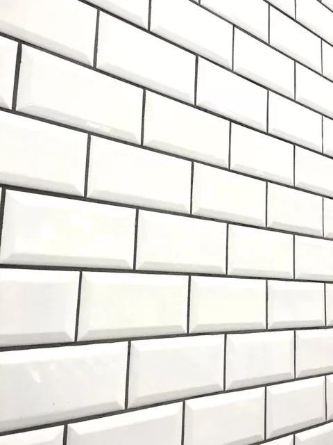 White 3x6 Beveled Shiny Glossy Finish Ceramic Subway Tile Backsplash Wall Bath
