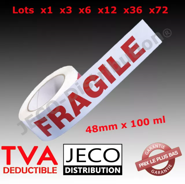 Lot ruban adhésif imprimé Fragile PP emballage rouleaux scotchs 48mmx100m carton